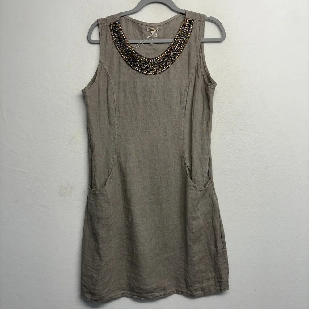 NWT Lina Tomei Gray 100% Linen Sleeveless Dress‎ W/Pockets L Beaded Neck Collar
